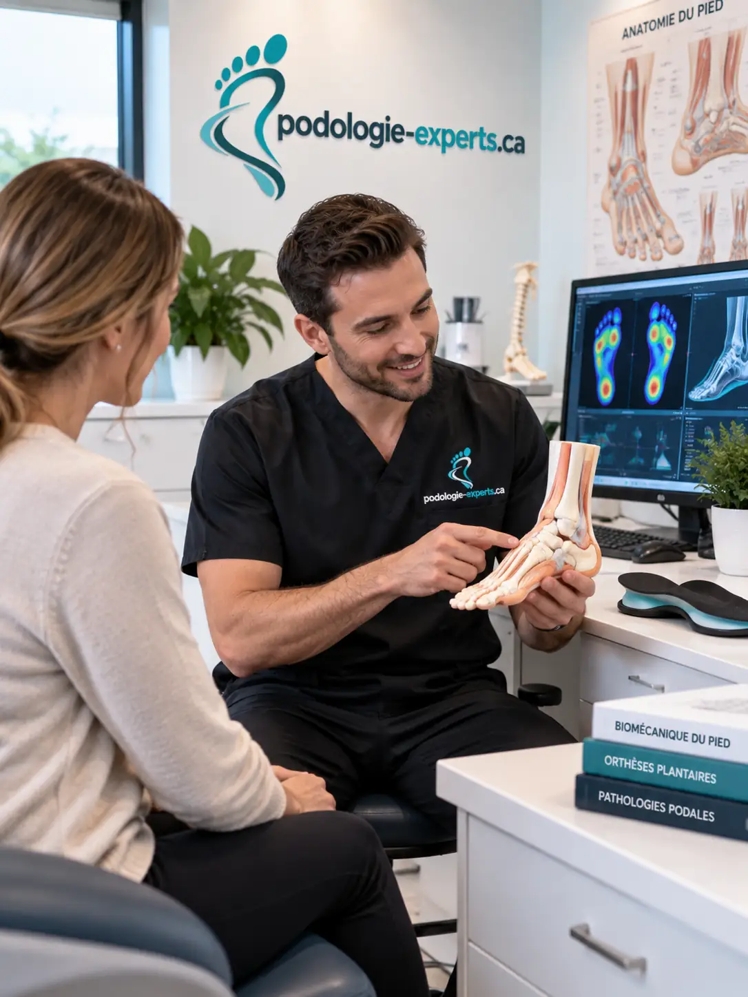Explication de l'anatomie du pied à une cliente